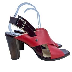 JIMMY CHOO Platform Sandal AIX 125 Red Leather Wood Heels Gold Patent Size 40